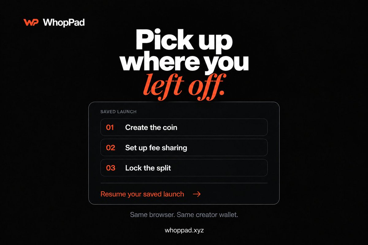 WhopPad's tweet photo. Pick up where you left off.

Interrupted during launch? Resume your saved coin and complete the remaining steps using the same browser and creator wallet.

https://t.co/TaRNXuUVTT https://t.co/rJJQL5zrgF
