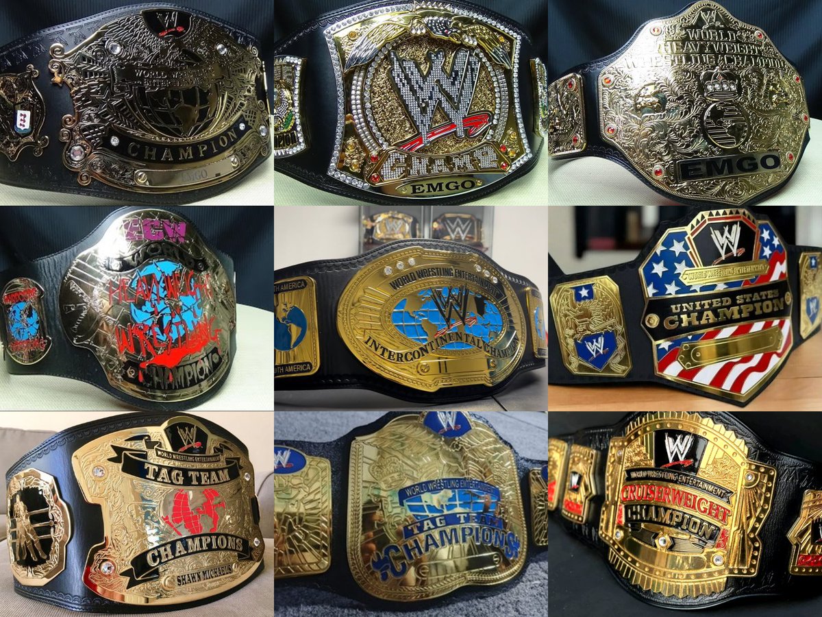 RuthlessAggresr's tweet photo. I know I say this a lot but this lineup of titles was PEAK! There hasn't been a better lineup since. All of these look prestigious and have their own design. I always loved gold titles and don't think they should be any color other than that. The ones today don't compare. https://t.co/WdNrBkfFdh