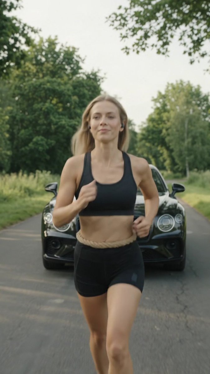 A blonde woman in a black sports bra and shorts runs confidently down a tree-lined road, with a black Bentley following closely behind her. The image captures the ongoing action described in the prompt, showing the energetic continuation of her run alongside the luxury vehicle.