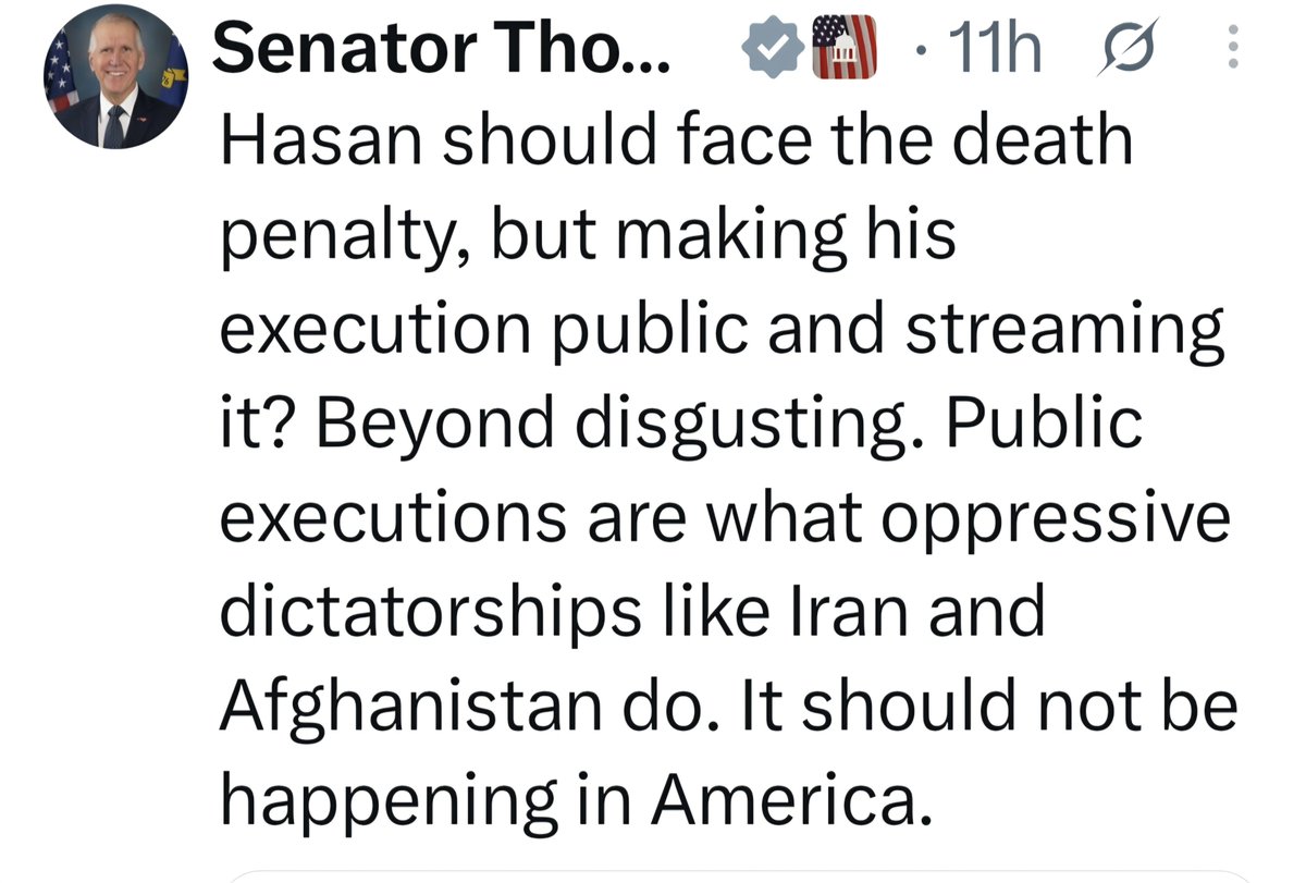 ArmaLite15OU812's tweet photo. I disagree Senator, public executions would remind Americans there are consequences for evil actions perpetrated against humanity.  Law enforcement is not for the  squeamish at heart. https://t.co/nuoLLRmsnO