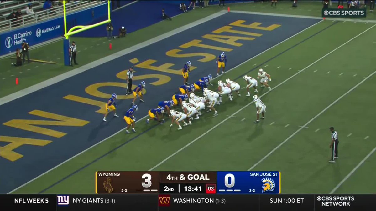 A college football game on CBS Sports shows San Jose State (in blue and yellow) lined up against Wyoming (in white and gold) at the goal line, with the scoreboard reading Wyoming 3, San Jose St 0, with 13:41 left in the 2nd quarter on 4th & Goal.