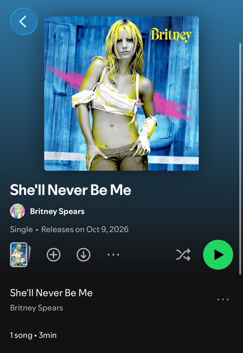 spinorbinmusic's tweet photo. BRITNEY SPEARS DROPPING UNRELEASED ‘SHE’LL NEVER BE ME’ FROM 2001?! 🔥✨ 

Vault track from her ICONIC self-titled era and we’re LOSING IT!! 😍👑 Britney NEVER misses — this is a GIFT to the fans!! 💜🎶 #BritneySpears #ShellNeverBeMe #Unreleased #VaultTrack #2001 https://t.co/pL5EBO6OGI