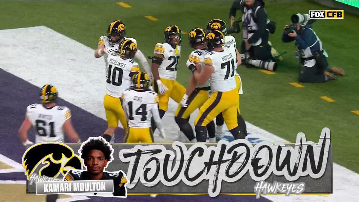 A FOX CFB graphic celebrating an 'Iowa Hawkeyes' touchdown by Kamari Moulton (#10), showing players in white and gold uniforms celebrating on the field with a photographer in the background.