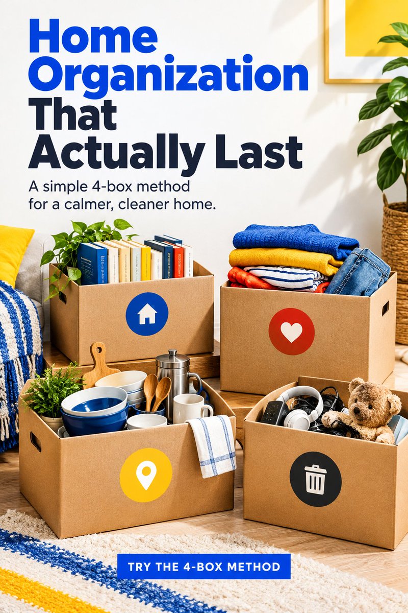 declutterlab's tweet photo. Feeling overwhelmed by clutter? The 4-Box Method makes home organization easier by helping you decide what to keep, donate, relocate, or release. Start small and reclaim your space. 

Save this idea and find more through the link in bio! https://t.co/EQtTBFmdsM