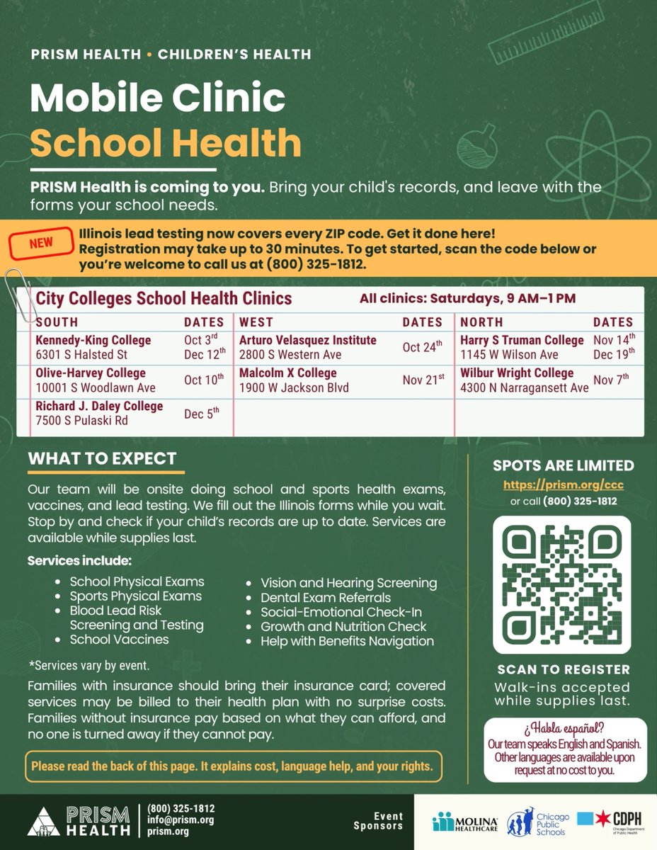 ChiPubSchools's tweet photo. Saturday School Health Clinics are underway at City Colleges of Chicago campuses with Prism Health! Families can get school physicals, vaccines and lead testing, with school forms completed on site. Dates and registration: https://t.co/5k2W50GoNV

Student health requirements are due by October 15th. Call the Healthy CPS Hotline at (773) 553-KIDS (5437) or visit https://t.co/3nrvuVbTur to learn more.