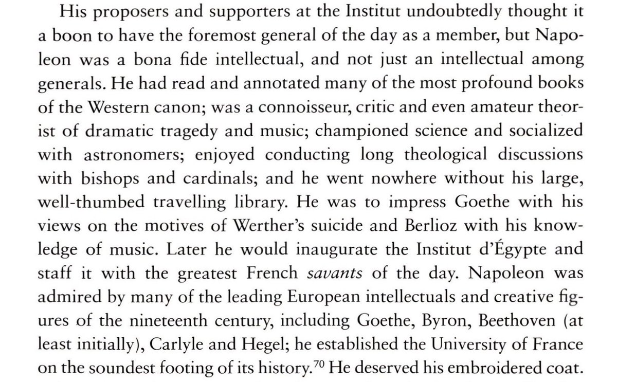 utilitaryan's tweet photo. Napoleon was not only a military genius but a polymath who was elected to France’s premier intellectual institution. He could pick up almost anything: his literary criticism impressed Goethe, he could debate mathematical theory with Laplace, and his knowledge of music impressed Berlioz.