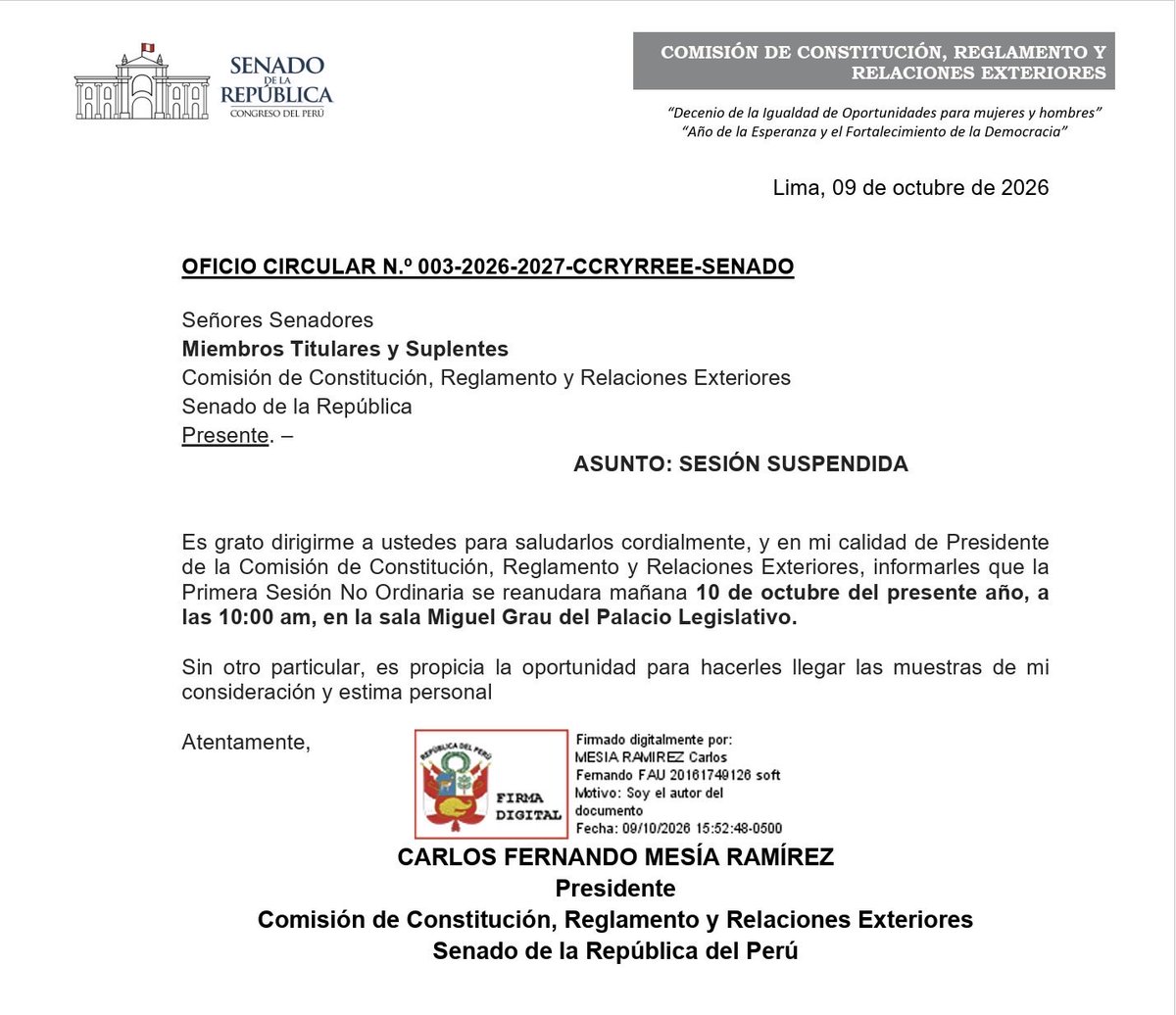 bankadasenadofp's tweet photo. 🏛️La Comisión de Constitución y Reglamento informa que la sesión iniciada el día de hoy fue suspendida.

Se retomara mañana, sábado 10 de octubre:

⏰ Hora: 10:00 a.m. https://t.co/MJvLKLRhrv