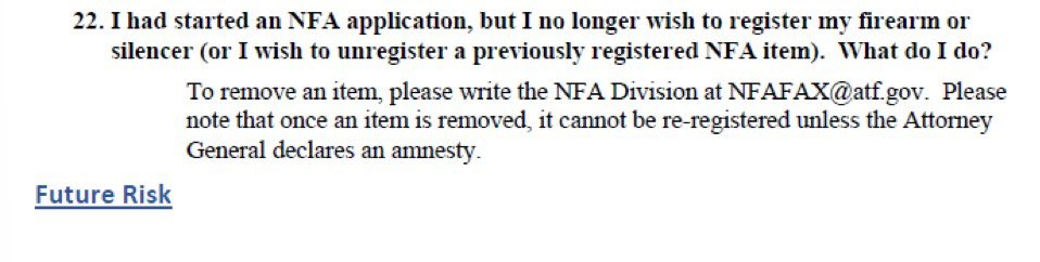 basically_bill's tweet photo. I thought this part of the document was very interesting. The Attorney General has the legal power to declare an NFA amnesty. I hope they are considering or planning one for old machineguns/DEWATs not registered in 68 at the very least
More people need to talk about this. https://t.co/ub0lvF9gUb