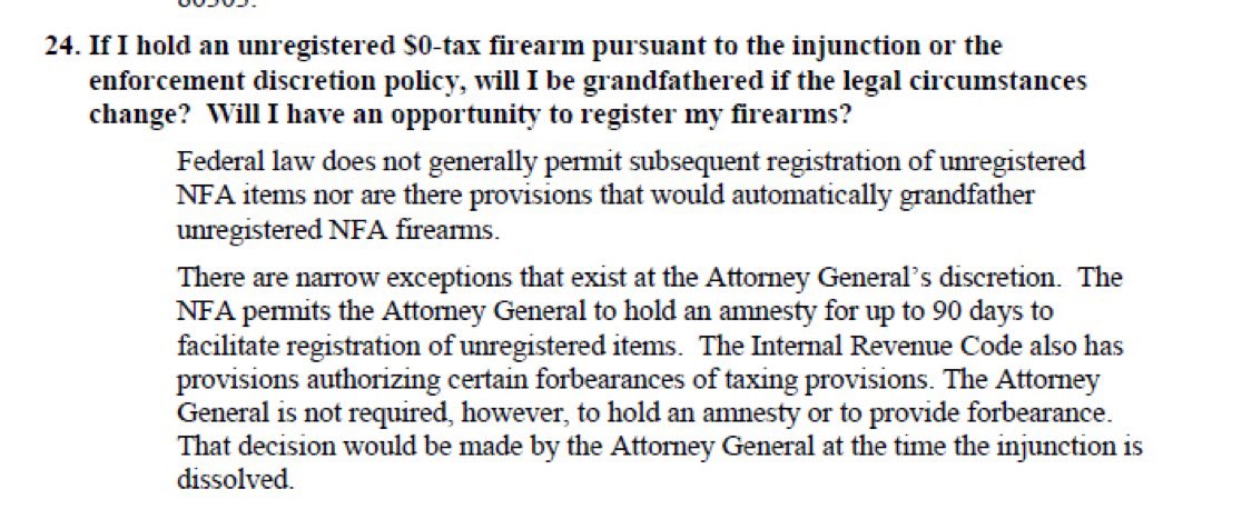 basically_bill's tweet photo. I thought this part of the document was very interesting. The Attorney General has the legal power to declare an NFA amnesty. I hope they are considering or planning one for old machineguns/DEWATs not registered in 68 at the very least
More people need to talk about this. https://t.co/ub0lvF9gUb
