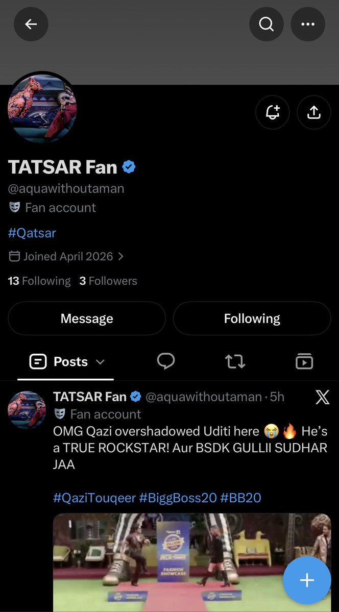 Tachar_'s tweet photo. Yehh , i got my fan account also 🥹🫶
Btw my fan @aquawithoutaman it’s Tachar not Tastar 

#QaziTouqeer
#BiggBoss20
#BB20 https://t.co/geylqgvG32