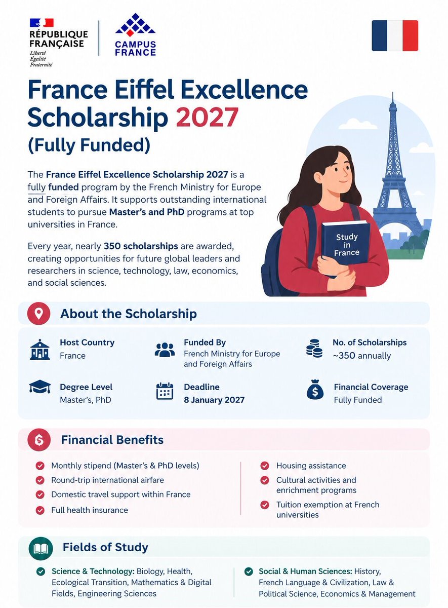 ScholarshipfPhd's tweet photo. Eiffel Excellence Scholarship Program 2027 in France - Free Study in France - Best Scholarship

Visit: https://t.co/31WhEfgIiE

Campus France’s Eiffel excellence scholarships Program is for international students who are interested in studying in French institutions in Masters and PhD programs on Scholarships.

Scholarship Benefits:

1) Monthly allowance for master's is €1,200
2) Monthly allowance for PhD is €21,000
3) International and national transport
4) Insurance
5) Assistance with accommodation
6) Cultural activities