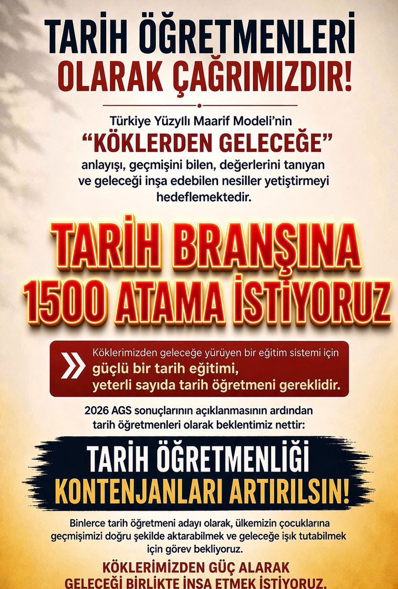 Tarihe1500Atama's tweet photo. @avyurdunuseven Senelerdir Tarih Branşına verilen düşük kontenjanlar sebebiyle mağdur olduk. 
2026-2027 yılında Tarihe en yüksek atamayı istiyoruz. 

#Tarihe1500Atama istiyoruz

Desteğinizi bekliyoruz. 

@oktay_saral @TalatAtilla @Selcuk @aBayraktar1 @zorlu77 @coskunyilmaz66 @RTErdogan @cftcblnt https://t.co/3atlfUd3uv