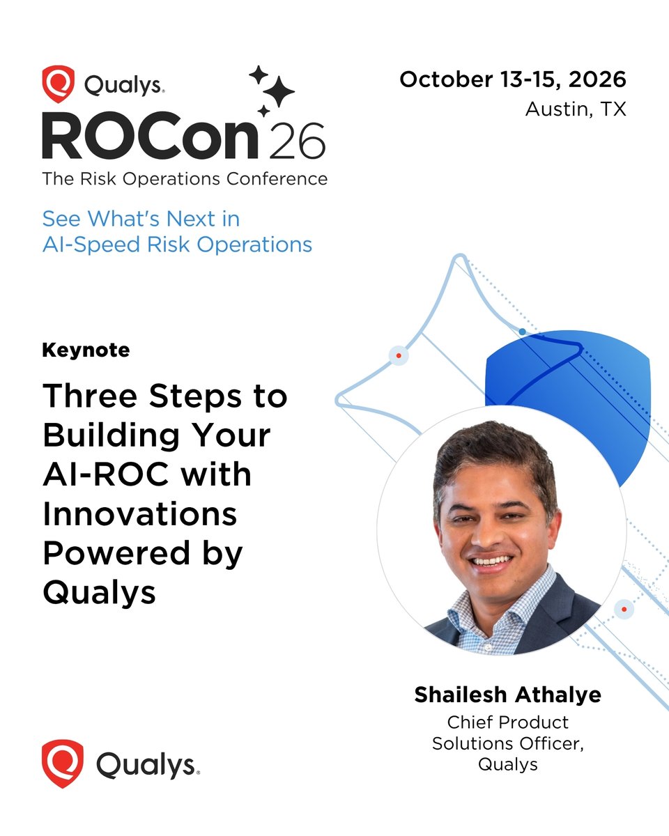 qualys's tweet photo. ROCon26 Americas is coming in less than 4 days! In addition to networking sessions, workshops, demos, and panels, centered around proactive cyber risk management for the frontier AI era, we’ll also have our four keynote speakers: Sumedh Thakar, Cynthia Kaiser, Shailesh Athalye, and Ivan Milenkovic.  

Their keynotes will touch upon the future of TruRisk Eliminate, cybersecurity for critical infrastructure, and how to build your own AI-Risk Operations Center.  

Don’t miss their insights and register for ROCon now: https://t.co/L8APqoR2pH 

#Cybersecurity #ROCon2026 #FrontierAI