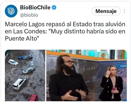 Iherreraa's tweet photo. En los últimos cuatro años, Marcelo Lagos no culpó al gobierno de Boric de ninguna catástrofe, incendio, inundación o aluvión.  Ocurre el primer aluvión en el gobierno de Kast y repasa al gobierno.  Por que será? https://t.co/bmToUoh7Ik