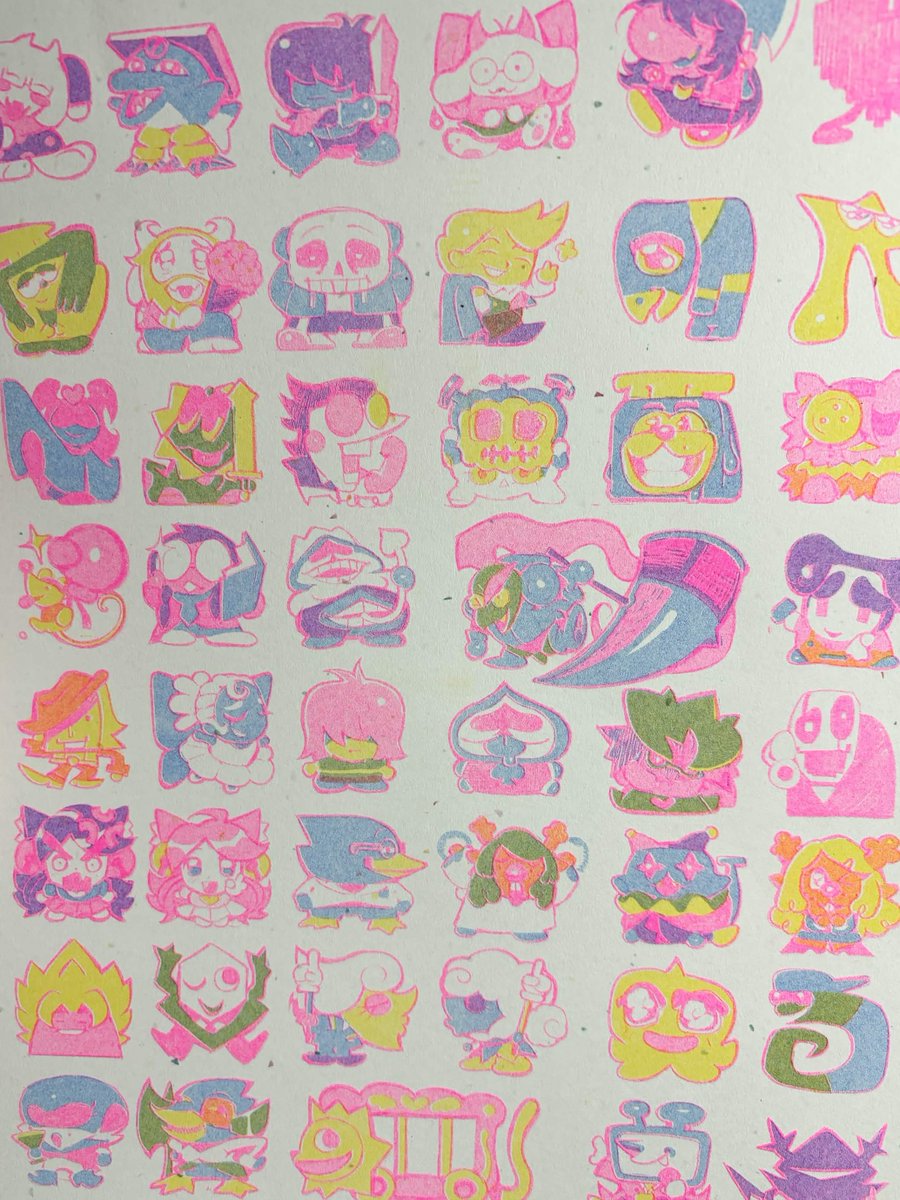 momopatchi's tweet photo. Delta glyphs riso print scan + photo 
 my scanner was struggling to capture how Fluorescent the pink is haha.. https://t.co/w26O39NMQz
