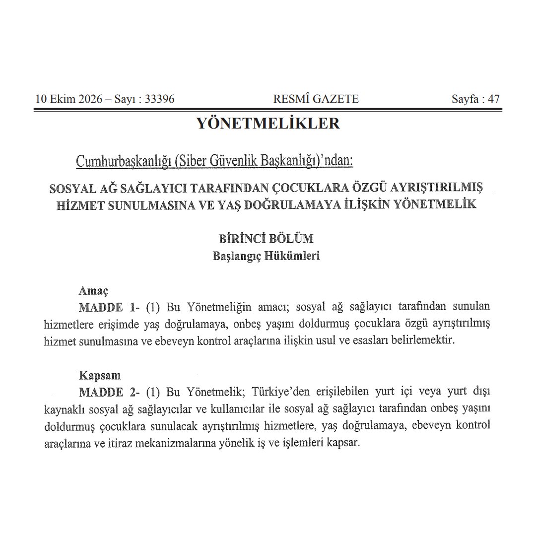 pusholder's tweet photo. Sosyal medyada hesap açmak için 15 yaş şartı getiren yönetmeliğin uygulanmasına 1 Kasım’da başlanacak. https://t.co/CtQ21mmCci