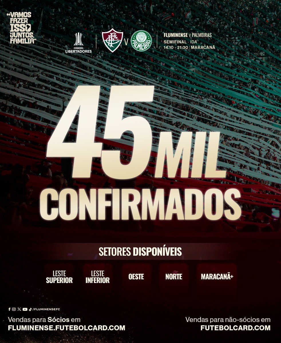 FluminenseFC's tweet photo. MAIS DE 45 MIL TRICOLORES CONFIRMADOS PRA IDA DA SEMIFINAL DA CONMEBOL LIBERTADORES! VAAAAMMMOSSS, TRICOLOREEEEEEES!

Continue comprando >> https://t.co/u6aLCrdHiV https://t.co/FJy64taJrA