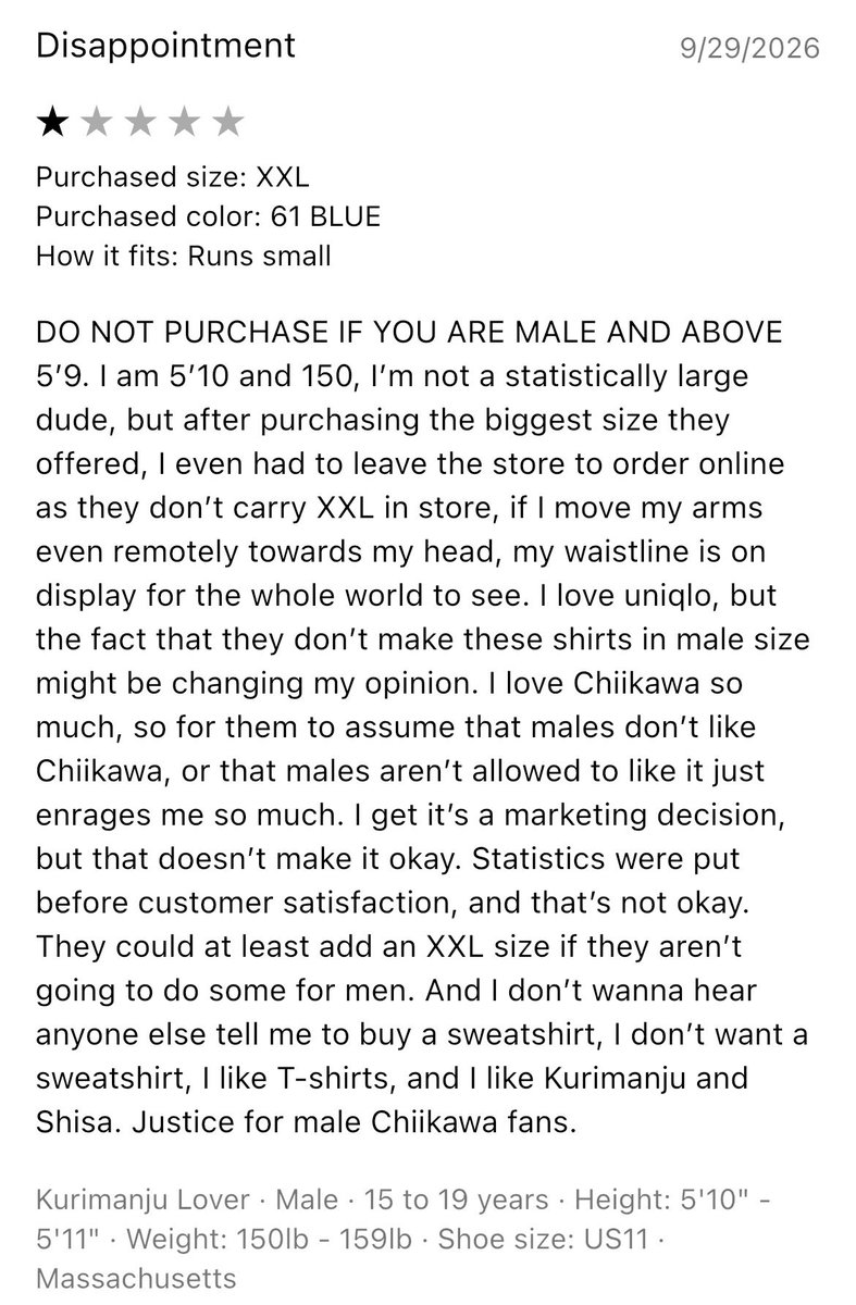 frdruru's tweet photo. this review under uniqlo chiikawa tshirt is frying me https://t.co/VYfoyLGXCp