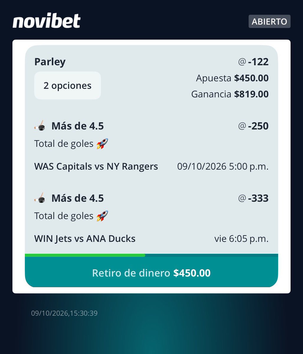 J4FBet's tweet photo. 🚀 Dupleta NHL 🇺🇸

🏑 Capitals vs Rangers Over 4.5 goles
🏑 Jets vs Ducks Over 4.5 goles 
💰 Momio -122
🏦  4.5% Bank

#30 https://t.co/mbA6tUKNeN
