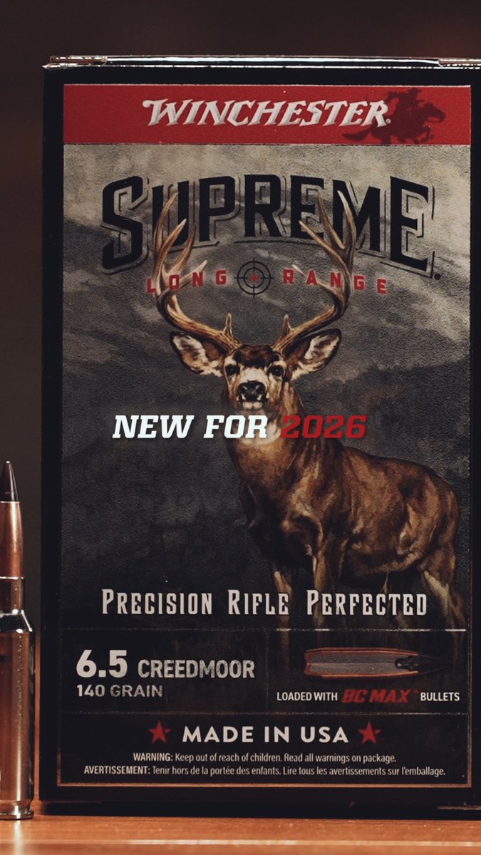 A box of Winchester Supreme Long Range 6.5 Creedmoor 140 grain ammunition, loaded with BC Max bullets, marketed as 'New for 2026' and 'Precision Rifle Perfected', Made in USA.
