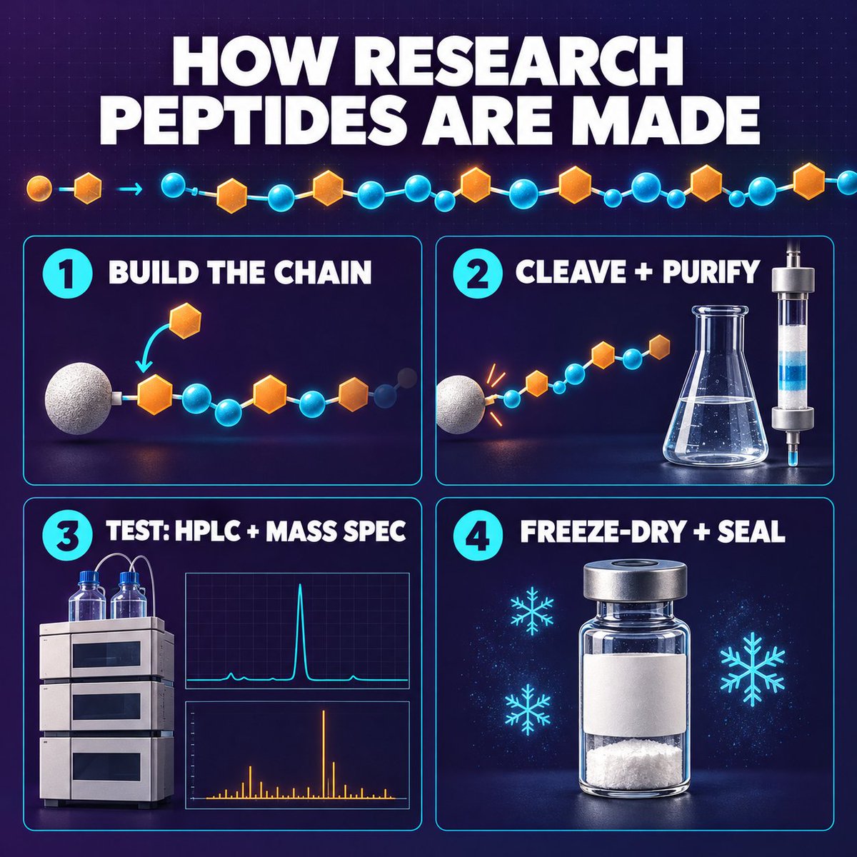 Freyapep's tweet photo. How research peptides are made, in 4 steps:

1. Build the chain, one amino acid at a time
2. Cleave + purify
3. Test (HPLC + mass spec)
4. Freeze-dry and seal

Skip step 3 and you're just guessing. The source I trust is pinned on my profile.

#peptides #peptideresearch https://t.co/rxKID82D6Q