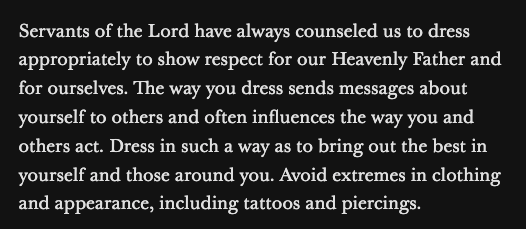 KimballCall's tweet photo. Imagine if, in 16 years, we start telling our youth its okay to gamble again just because President Christofferson's talk was so long ago. That would be dumb, right?

Then why do we do it with President Monson's 2010 talk where he gave prophetic counsel on dress and appearance? https://t.co/jONBxxc7Zj