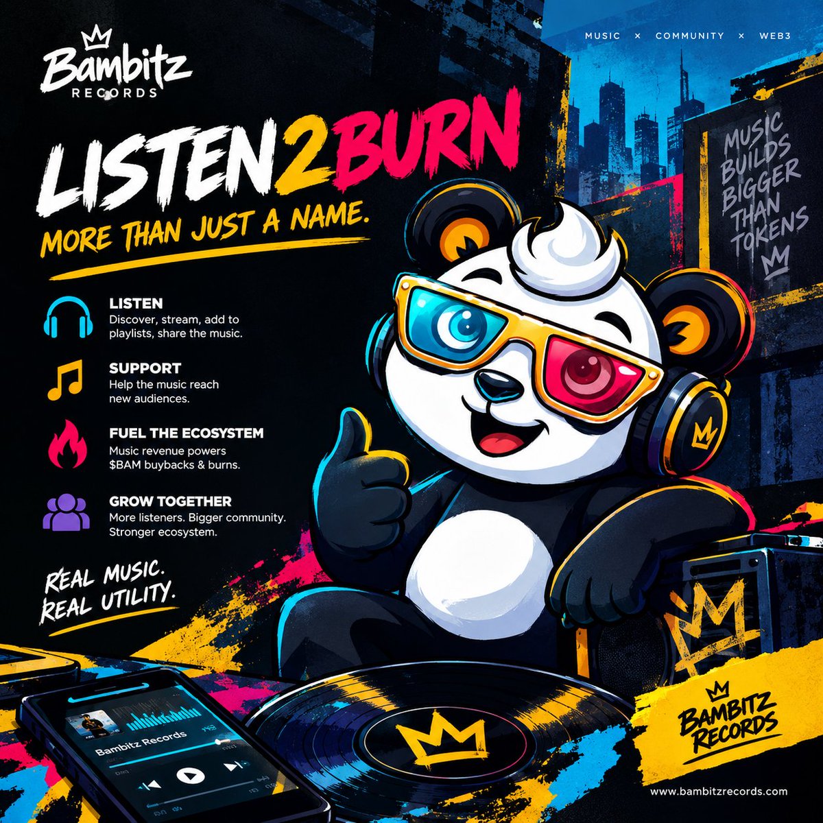 Ricombarry01's tweet photo. #Listen2Burn makes more sense when you look beyond the name.

To me, it’s about giving @BambitzRecords music a purpose beyond simply being streamed. Every listener who discovers a track, adds it to a playlist, or shares it with someone new helps the music reach a wider audience.

That matters because Bambitz Records is building around music, not just a token. The four panda characters: Andy, Benny, Sophie, and Riley are part of a growing music identity designed to connect entertainment, community, and Web3.

This is how Listen2Burn comes into the picture: The model connects music royalties to $BAM through a buyback-and-burn mechanism. The project’s stated direction is to channel 50% of music revenue toward buying back and burning $BAM, linking actual music activity to the token ecosystem.

But that only works if people care about the music first.

That's why as a member of the BAM FAMILY, I'm discovering new tracks, listening genuinely, adding songs to playlists, and introducing Bambitz to new audiences. These actions help build the audience that gives the music room to grow.

I see Listen2Burn as a simple idea with a bigger ambition: make the music worth listening to, give that engagement a purpose, and let real activity support the ecosystem.

No amount of token talk can replace a song people genuinely enjoy.

The music comes first. The value follows.

Join BAMFAM and support the listen2Burn journey. 

🔗https://t.co/mo3EY3oSZL

Website: https://t.co/5lNlqf4OVF

#BAM #Soundofvalue #BambitzRecords