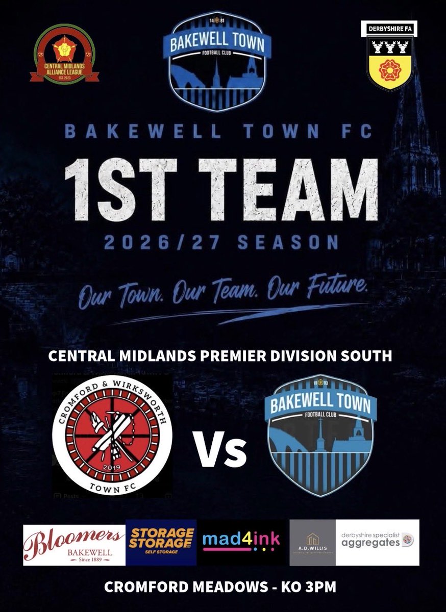 BakewellTownFC's tweet photo. 🗣️ Two intriguing games for Town tomorrow with @cwwtfc &amp; @Rowsley86 the opposition! 

Both games see the lads take short hops as the 1sts are in @CentralMidsAll League action (3PM) and the Dev take on higher league opposition in the @DerbyshireFA Championship Cup North (2PM) 🩵 https://t.co/owQpqSCA7e