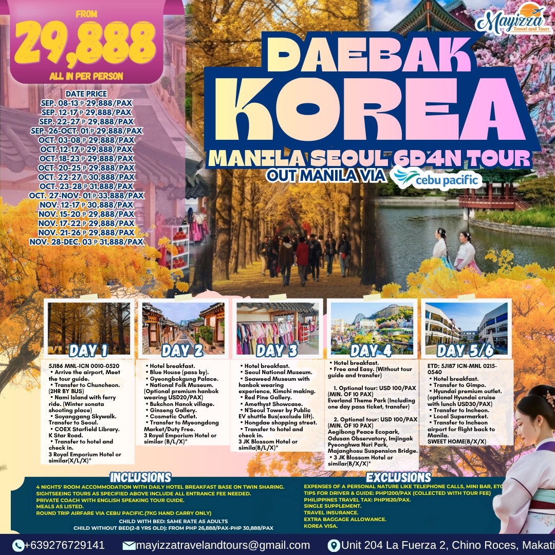 NescauMp's tweet photo. DAEBAK Korea All-In Package from ₱29, 888/pax. Group departures Sept 2026–Apr 2027. Limited slots on select dates. Installment and credit card payments accepted. Book now and DM for inquiries. https://t.co/gH2pdokzh7