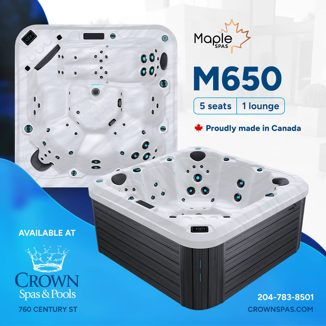CrownSpas's tweet photo. Kick back in the Canadian-made Maple Spas M650! ✨🇨🇦 Features 5 seats plus a dedicated full-length lounger for head-to-toe hydrotherapy. Visit our showroom at 760 Century St today until 6 PM to see it in person!
#Winnipeg #WpgBiz #ShopLocalWPG #ManitobaLocal #MadeInCanada https://t.co/KXJNOOQ821