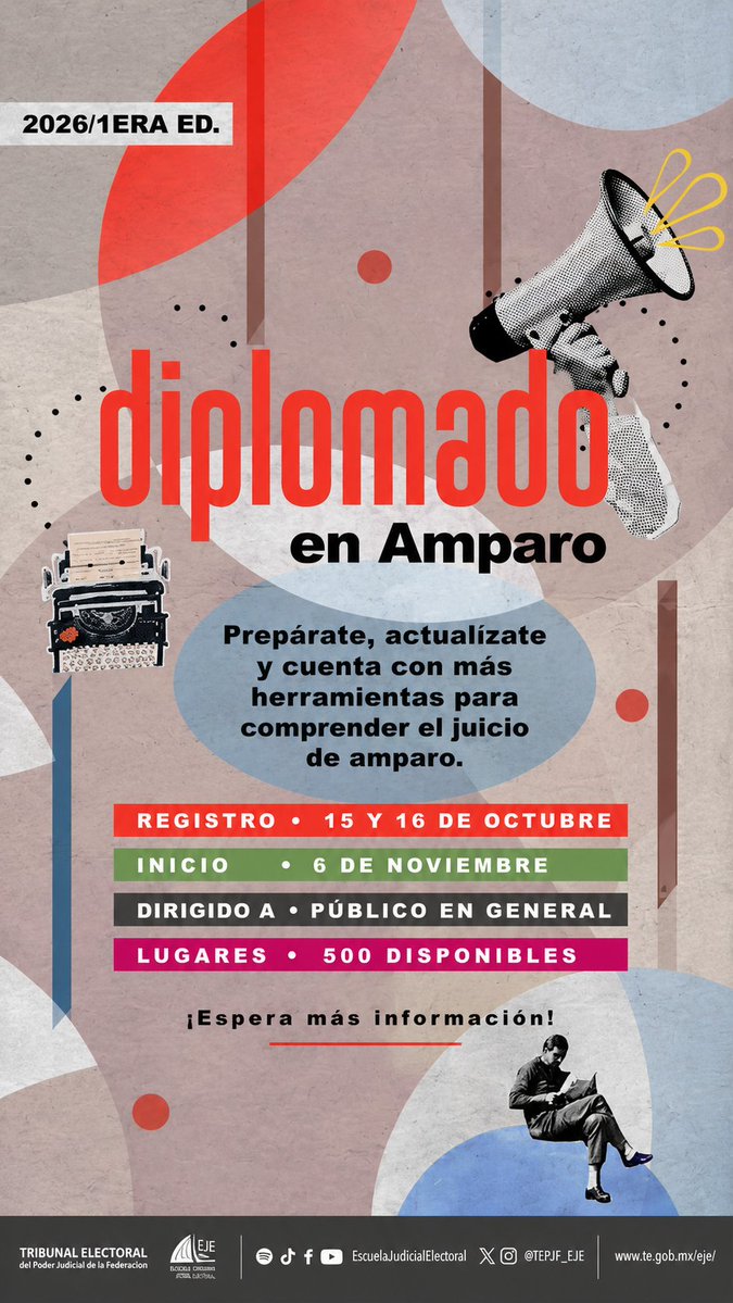 TEPJF_EJE's tweet photo. ⚖️ ¿Quieres estudiar el juicio de amparo? Inscríbete GRATIS al Diplomado en Amparo de la EJE y aprende amparo directo e indirecto, suspensión, recursos y jurisprudencia.

📅 Registro: 15 oct. | 11:00 h https://t.co/iHfHG1SEEe
📄 Convocatoria: https://t.co/Q56ACiTkoY
👥500 lugares https://t.co/x7DQgGrQg2