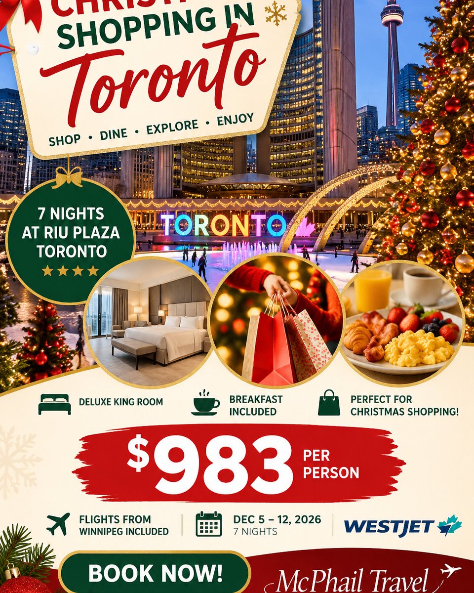 vanessajuca's tweet photo. Toronto Christmas getaway from $983 per person. Includes flights from Winnipeg, 7 nights at RIU Plaza Toronto, and daily breakfast. December 5–12, 2026. Based on double occupancy. Book while available. McPhail Travel: 204-727-2305 | 1-800-417-0250 https://t.co/2W1sMr6mnx