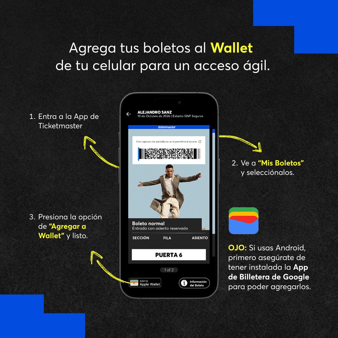 Ticketmaster_Me's tweet photo. 🎶🎤 No es lo mismo llegar con todo listo que resolverlo a última hora 📱

Checa cómo agregar tus 🎟️🎟️ al Wallet de tu celular, transferirlos correctamente y confirmar que todo esté preparado antes de ver a @AlejandroSanz en el @EstadioGNP 👇 https://t.co/ir2C7ClqKQ
