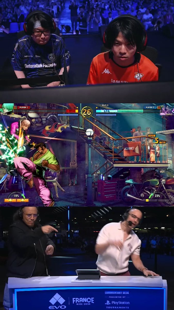 A three-panel image from a Street Fighter tournament at EVO France Nice 2026, showing two competitors at the top, the gameplay in the middle, and commentators at the bottom.