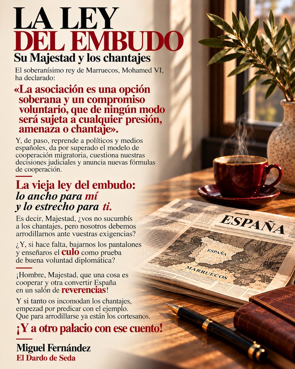 ElDardoDeSeda's tweet photo. @Liberaldig ¡Qué curioso, Majestad! Vos no aceptáis presiones, amenazas ni chantajes, pero os permitís cuestionar nuestras leyes y decisiones judiciales. ¿La soberanía solo merece respeto cuando es la vuestra? ¡La ley del embudo en versión palaciega! https://t.co/zhSLG7o95v