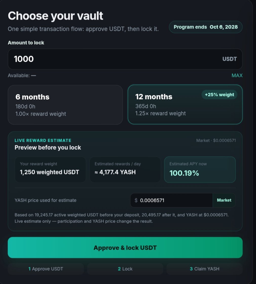 YashixLab's tweet photo. The YASHIX Vault has two staking options: 6 months or 12 months.

Deposit USDT, earn $YASH, and choose the lock period that works for you.

Take a look at the vault 👇
https://t.co/gj1YwL7OJS https://t.co/HtO0RwagBp