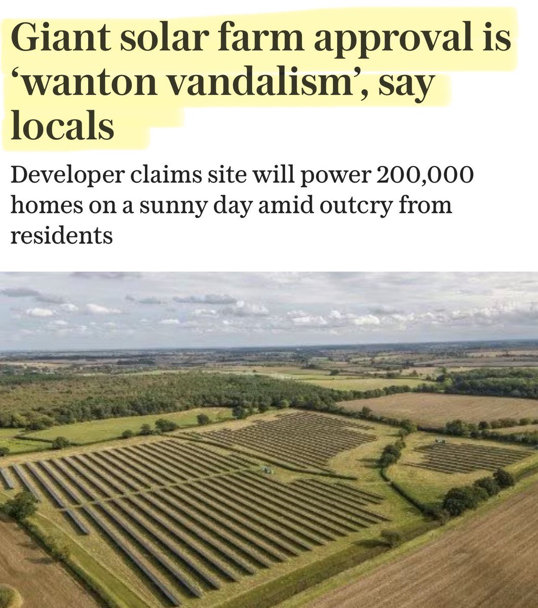 Artemisfornow's tweet photo. There is noting about this that is right or moral 

3,600 acres of “best” agricultural land lost from food production for 60 YEARS! To build a solar farm  … owned by funds managed by an Australian bank.

The people hate it so of course the government overruled them and granted compulsory purchasing powers!

And we’ll probably pay subsidies on it as well…. Why else would a bank from the land of sunshine bet on a solar farm in the U.K. which is 2nd to bottom in the sunshine table globally.

Can you see it?