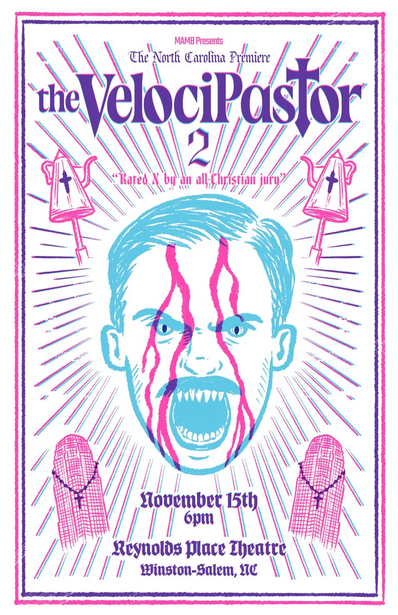 bertoni_film's tweet photo. @thevelocipastor  2 is coming to NC 11/15!
With Live Filmmaker Q&amp;A

Hosted by @bertoni_film 
Reynolds Place Theater, 6pm
Tix here: https://t.co/jhmJI0pc9S

Event art by @SummerRay https://t.co/W1y02Pe9iN
