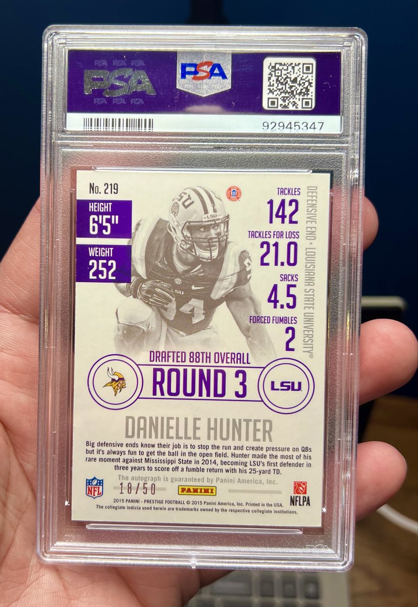 SkolGeek's tweet photo. 🚨 SELLING for $99 🚨
or best offer

PSA 10 🔥 POP 1 🔥
Danielle Hunter Auto
Panini Prestige Gold /50

#Skol #Vikings https://t.co/q0W9LJ6h02