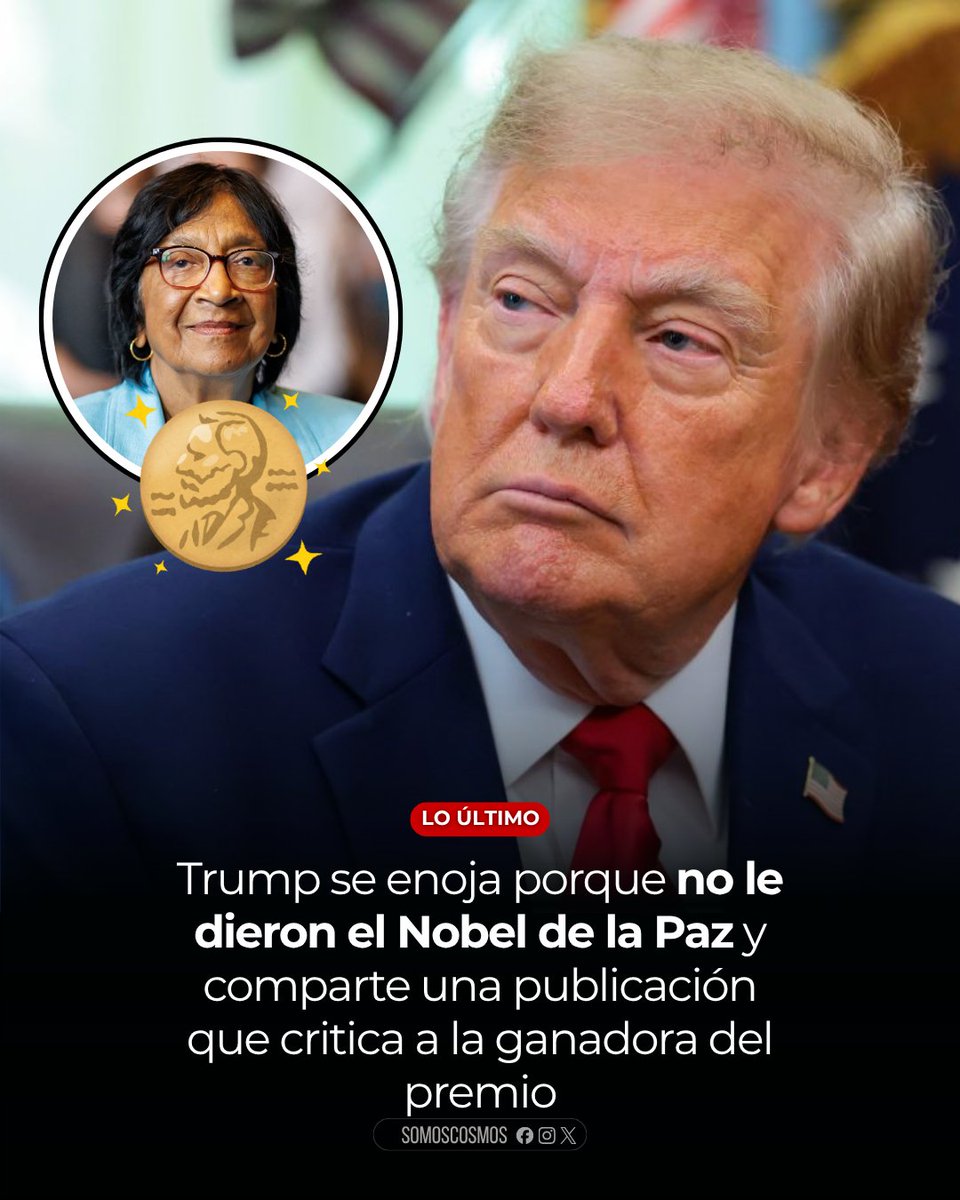 InformaCosmos's tweet photo. 🇺🇸 LO ÚLTIMO: El presidente Donald Trump reaccionó a la entrega del Premio Nobel de la Paz 2026 compartiendo una publicación que critica duramente a la ganadora, Navi Pillay.

El mensaje fue escrito por David Schoen, exabogado de Trump, quien acusó al Comité Nobel de desprestigiar el premio al otorgárselo a la jurista sudafricana. También lanzó fuertes críticas contra Pillay por su trabajo relacionado con Israel y Gaza.