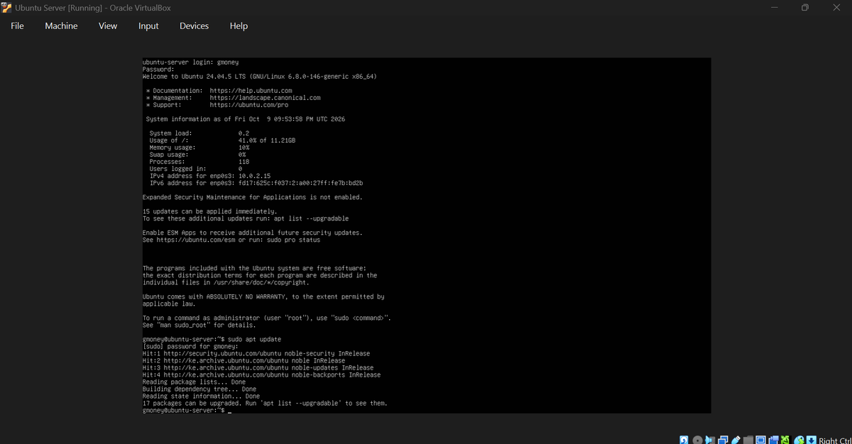 Gwrites101's tweet photo. Day 5/28
I installed VirtualBox and Ubuntu Server, confirmed login.
I’m using Ubuntu Server because it’s secure, lightweight, and widely deployed. 

Unlike Kali which is for testing, Ubuntu is the foundation (defense &amp; hardening).

#CyberSec #VeenodeLearn #LearningInPublic https://t.co/ukHMkkv2hh