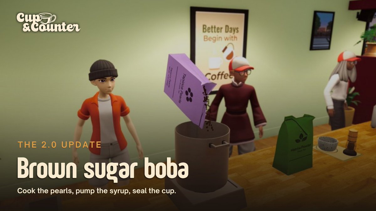 LittleBigByte's tweet photo. Cook the pearls, pump the syrup, seal the cup. Brown sugar boba, made by hand.
#CupAndCounter #simulationgames https://t.co/e0aqZ4g0m1