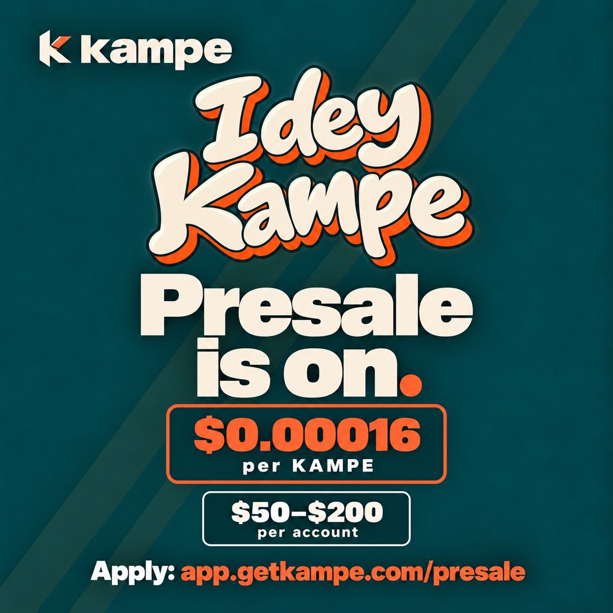 getkampe's tweet photo. The KAMPE presale is on.

KAMPE is a utility token on BNB Smart Chain, designed for payments, membership access and fee discounts across our growing ecosystem. One token across everything we build.

Presale details

Sale price: $0.00016 per KAMPE
Initial sale cap: 12,500,000 KAMPE
Per account: $50–$200, in whole dollars
Payment: USDT on BNB Smart Chain (BEP-20)
Token unlock: sold tokens are fully unlocked on delivery
Delivery: begins no earlier than five minutes after the confirmed liquidity launch

Fixed total supply: 100,000,000 KAMPE. No additional minting. No token transfer tax.

Apply at https://t.co/AxH4v8Hijn.

Sign in with X, submit your application and follow its status. Approval reserves your allocation. Pay only using the verified deposit instructions shown in your account.

Check the supply and allocation and official contract and launch proof.

Contract Address: https://t.co/gjDiexr84d