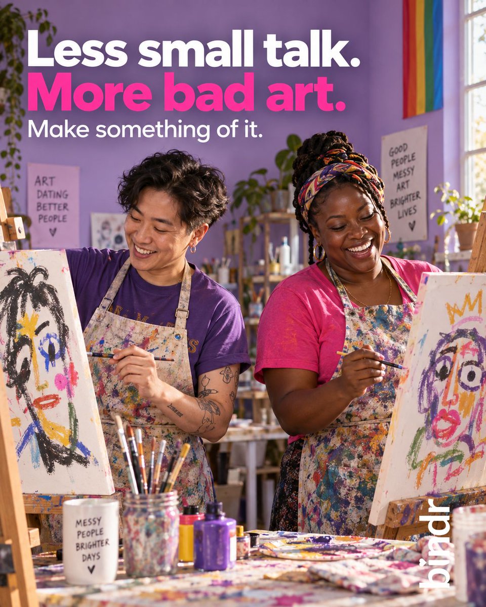 bindrdating's tweet photo. First-date idea: make something delightfully terrible together. 🎨 Less small talk. More bad art. Would you try a painting date? #Bindr https://t.co/GqXROGyb28
