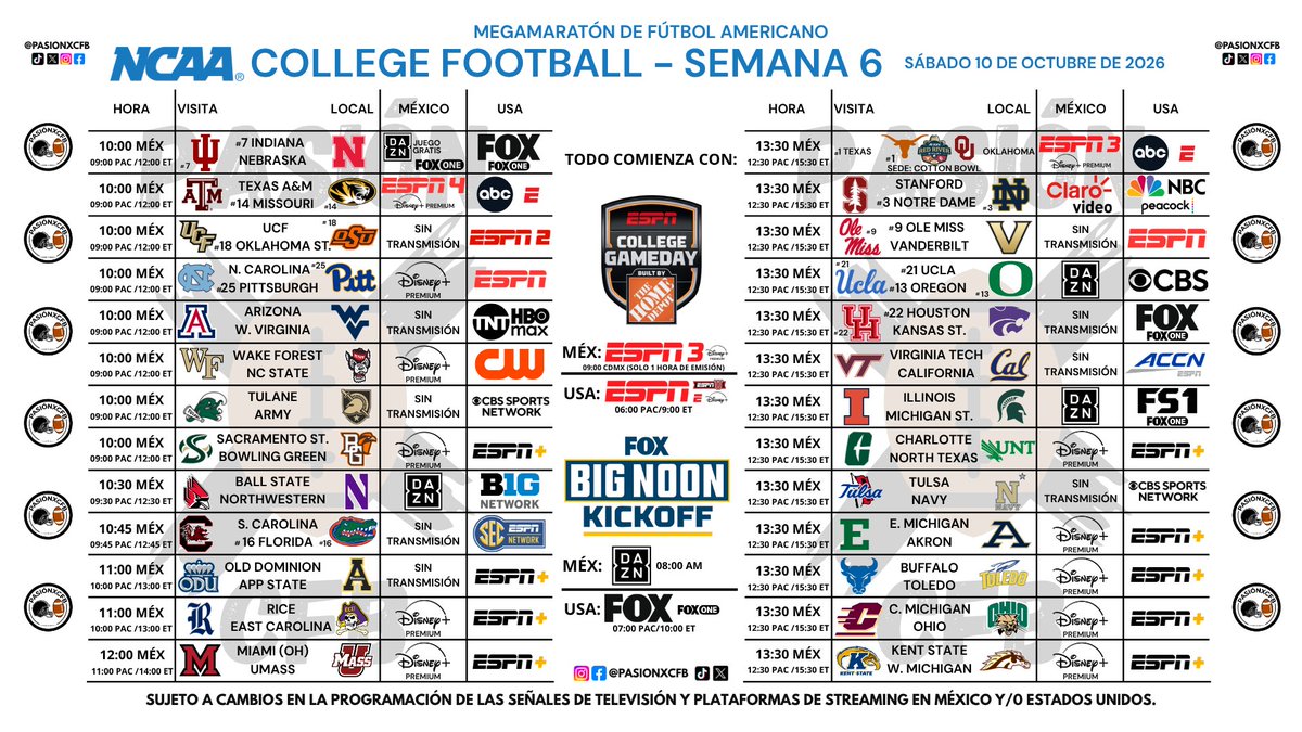 pasionxcfb's tweet photo. Sábado 10 de octubre de #NCAA #CollegeFootball 📺🏈
Los imperdibles: #Inidiana en #Nebraska, #TexasAM en #Mizzou, el #RedRiverRilvalry, #UCLA en #Oregon, #Georgia en #Alabama, #Kansas en #Utah y #BoiseState en #FresnoState 🤯
Nos ayudan compartiendo la información🥸🏈 https://t.co/K0sqREi8Pk