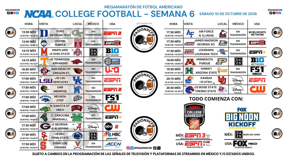 pasionxcfb's tweet photo. Sábado 10 de octubre de #NCAA #CollegeFootball 📺🏈
Los imperdibles: #Inidiana en #Nebraska, #TexasAM en #Mizzou, el #RedRiverRilvalry, #UCLA en #Oregon, #Georgia en #Alabama, #Kansas en #Utah y #BoiseState en #FresnoState 🤯
Nos ayudan compartiendo la información🥸🏈 https://t.co/K0sqREi8Pk