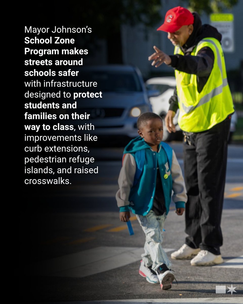 ChicagosMayor's tweet photo. We are investing in safer streets around our schools because every child deserves to be able to get to school safely, whether they are walking, biking, taking transit, or being dropped off by a family member. https://t.co/WM3MCl15YK