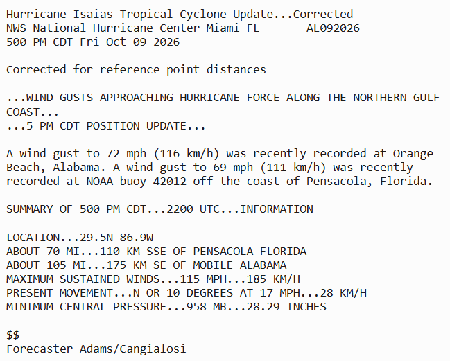 NHC_Atlantic's tweet photo. 5 PM CDT Friday Oct 9 Update:  Wind gusts approaching hurricane force along the Northern Gulf Coast.  Follow the latest on #Isaias at https://t.co/GrztW6mQJV https://t.co/hiLarSq9K8