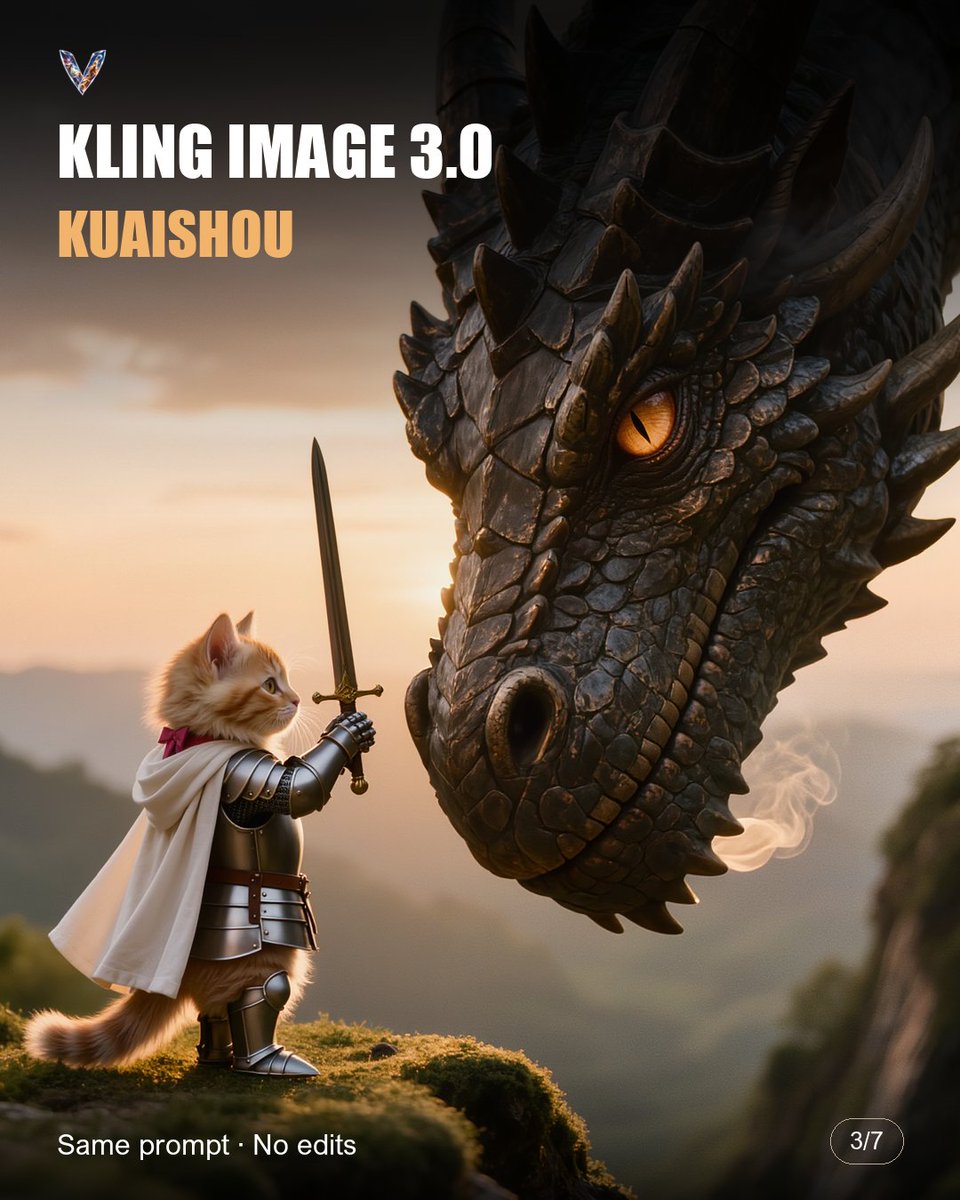 VImagine7's tweet photo. A tiny kitten. A giant dragon. The same prompt put to the test across seven AI models. 🐱⚔️🐉
Look at the details, the realism, and how closely each model follows the prompt. 👀
Swipe to compare. You be the judge.
🏆 Which model won? Comment its number, 1–7.
The full prompt is on the first comment. Save it and try it yourself. ✨
Follow V-Imagine to explore AI films and AI art—and see exactly how they’re made.
#VImagine #AIArt #AIFilmmaking #FantasyArt #digitalartists