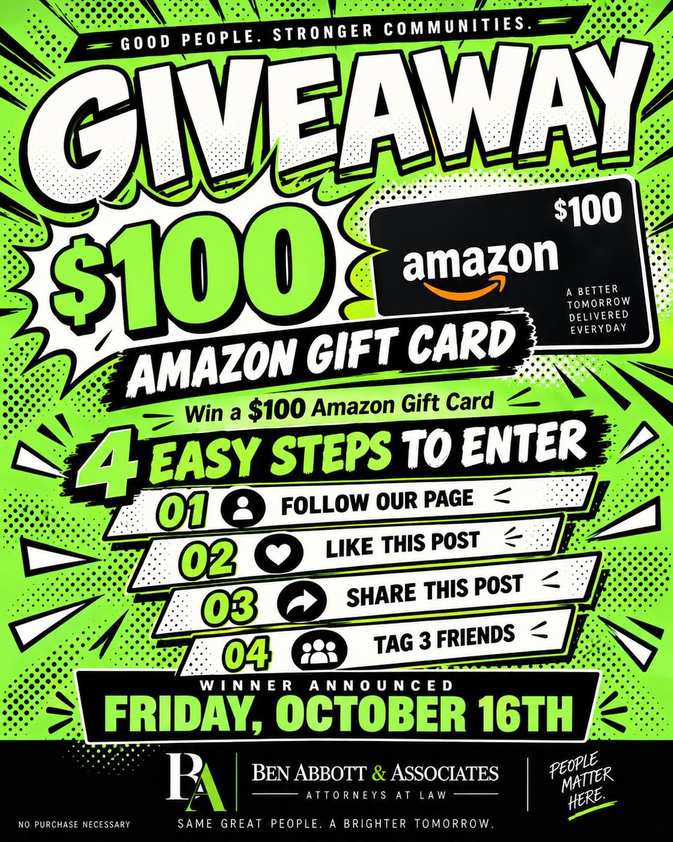 BenAbbottTX's tweet photo. 🎁 **YOUR NEXT AMAZON ORDER COULD BE ON US!** 💚

Ben Abbott & Associates is giving away another **$100 Amazon Gift Card**, and entering is easy!

✅ **FOLLOW** our page
❤️ **LIKE** this post
🔄 **SHARE** this post
👥 **TAG 3 FRIENDS** in the comments

📅 **Winner announced Friday, October 16th!**

From everyday essentials to something you’ve had on your wish list, that $100 could come in handy. Get your entry in! 🛍️

**Good people. Stronger communities.**
💚 Ben Abbott & Associates

Open to DFW residents ages 18+. Winner must pick up the prize at our Garland office and respond within 15 minutes of the winner announcement, or another winner will be selected. No purchase necessary. This giveaway is not sponsored, endorsed, or administered by Amazon, Facebook, or Instagram.

#BenAbbott #Giveaway #AmazonGiftCard #DFW #Garland #GivingBack